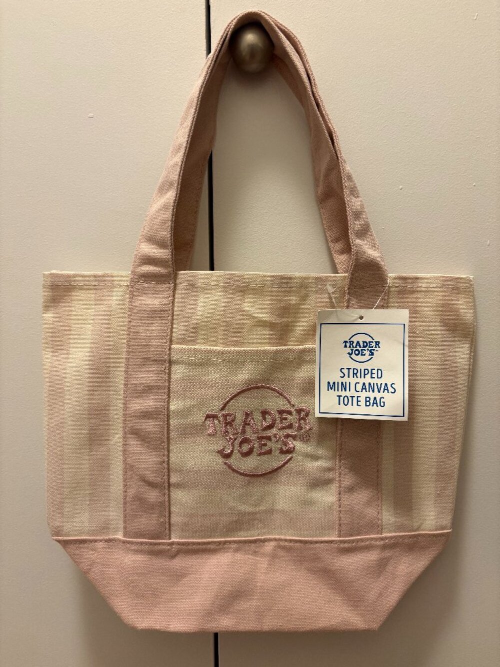 Trader Joe's Striped Mini Canvas Tote Bag — Pink & Cream, NWT